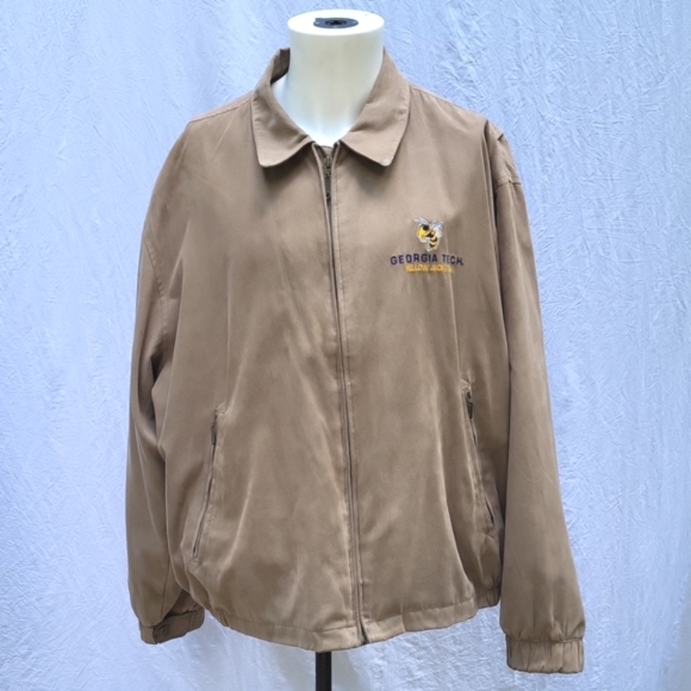 Men's embroidered Georgia Tech Yellow Jackets suede jacket and hat, tan, sz XL